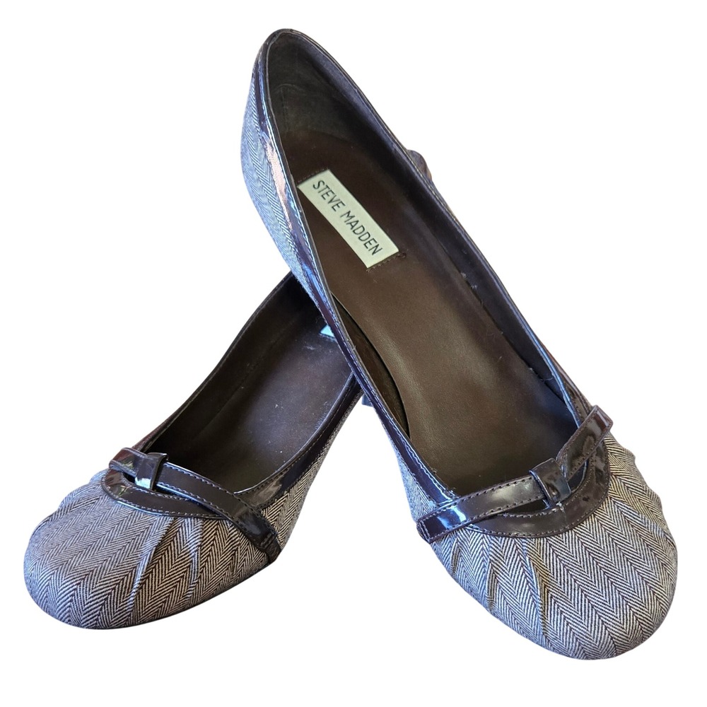 Steve Madden Chic Womens 8 Herringbone Kitten Heel Brown Grey Patent Trim Pumps